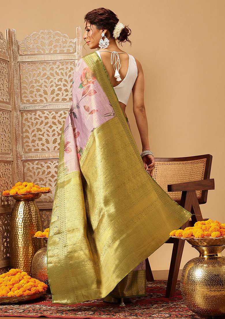Lavender Embroidered Tissue Silk Saree Set - Indya