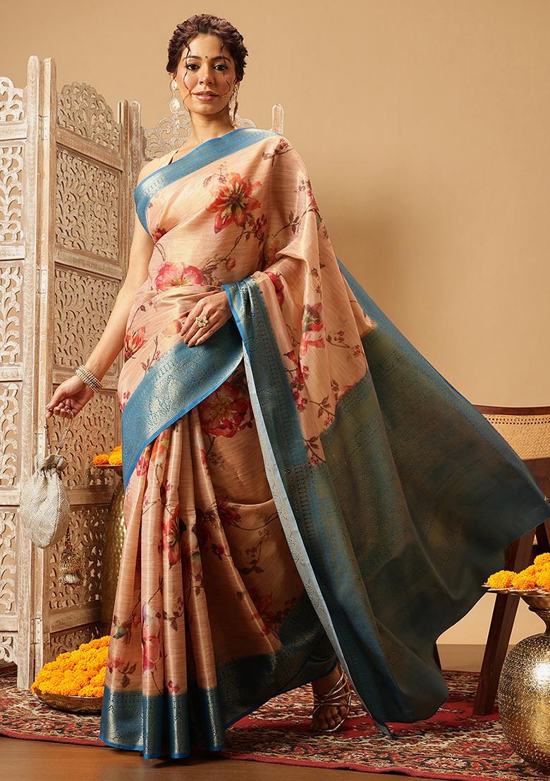 Peach Embroidered Tissue Silk Saree Set