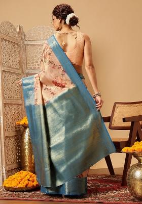 Peach Embroidered Tissue Silk Saree Set