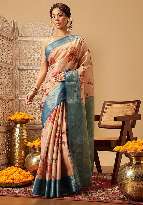 Peach Embroidered Tissue Silk Saree Set
