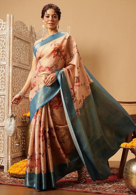 Peach Embroidered Tissue Silk Saree Set