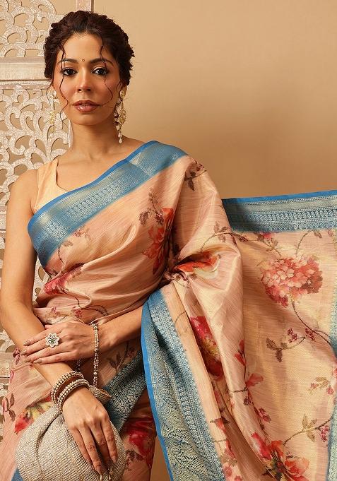 Peach Embroidered Tissue Silk Saree Set