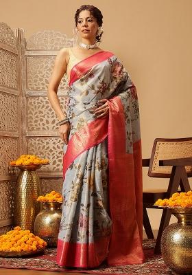 Grey Embroidered Tissue Silk Saree Set