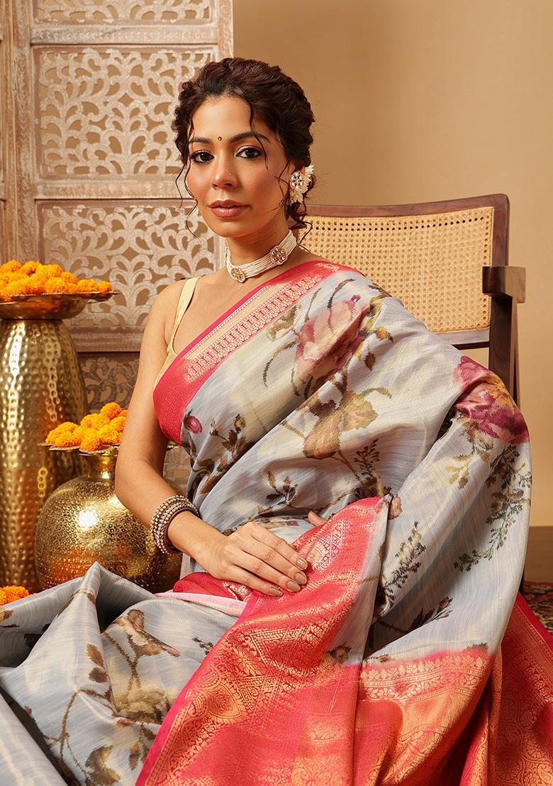 Grey Embroidered Tissue Silk Saree Set