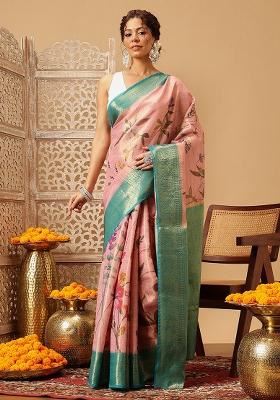Pink Embroidered Tissue Silk Saree Set