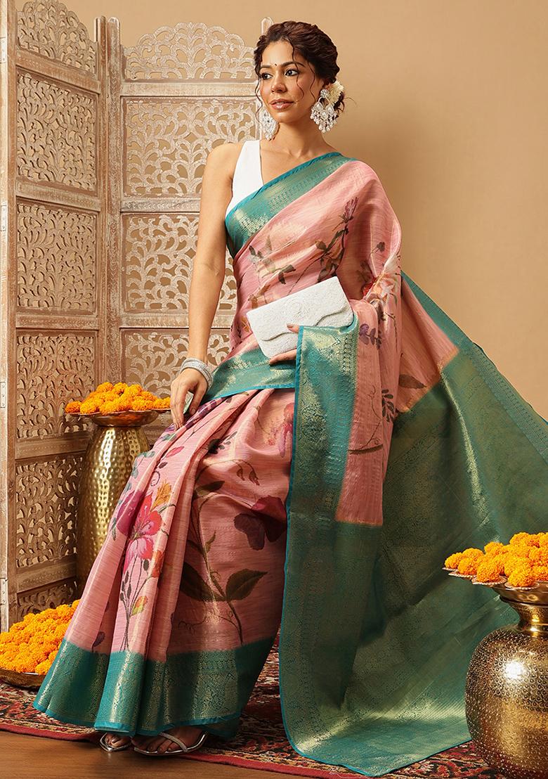 Pink Embroidered Tissue Silk Saree Set