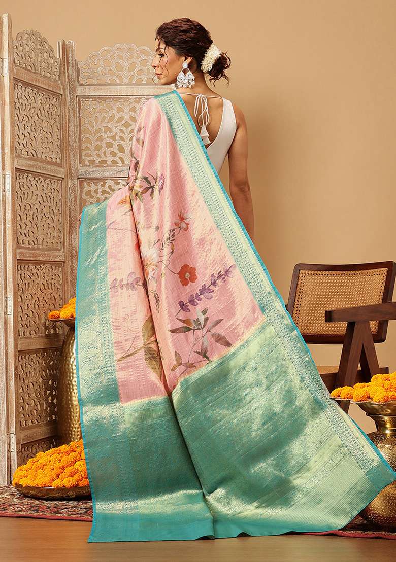 Pink Embroidered Tissue Silk Saree Set - Indya