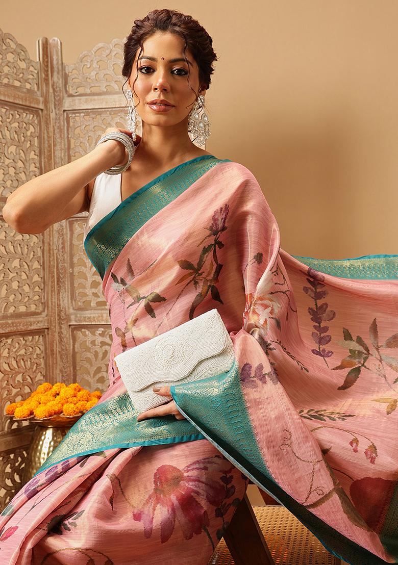 Pink Embroidered Tissue Silk Saree Set