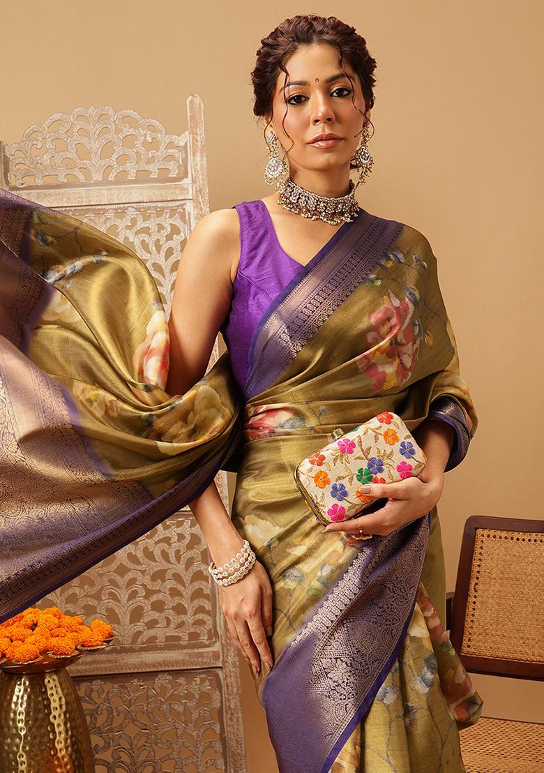 Olive Embroidered Tissue Silk Saree Set