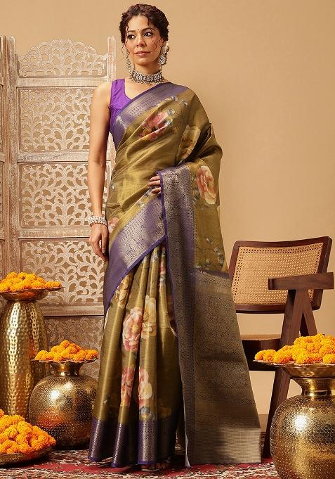 Olive Embroidered Tissue Silk Saree Set