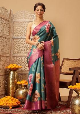 Teal Blue Embroidered Tissue Silk Saree Set