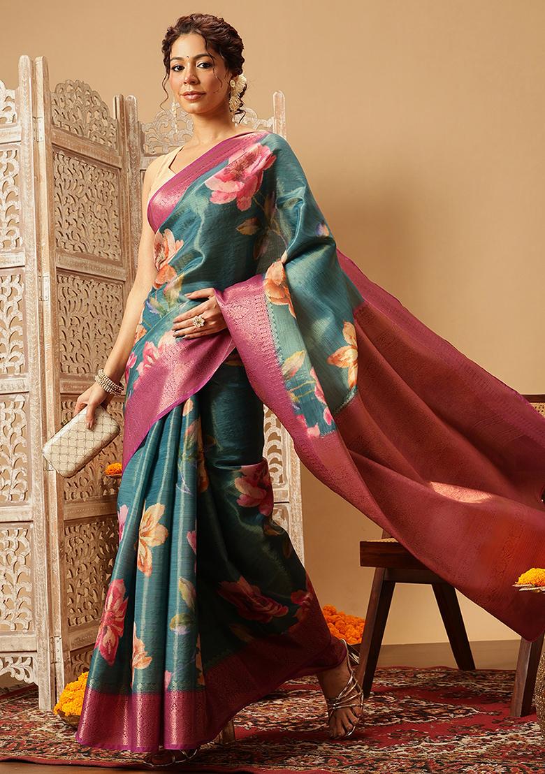 Teal Blue Embroidered Tissue Silk Saree Set