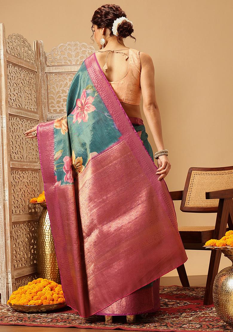Teal Blue Embroidered Tissue Silk Saree Set