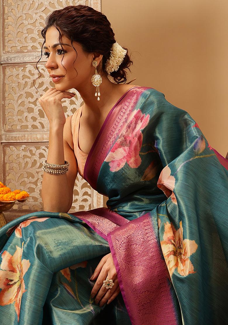 Teal Blue Embroidered Tissue Silk Saree Set