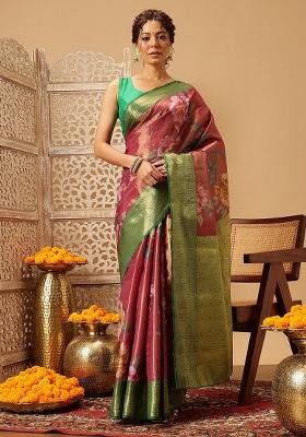 Pink Embroidered Tissue Silk Saree Set