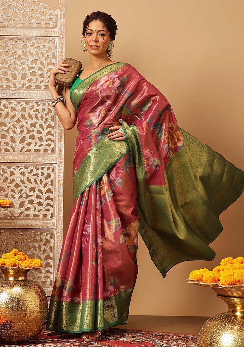 Pink Embroidered Tissue Silk Saree Set