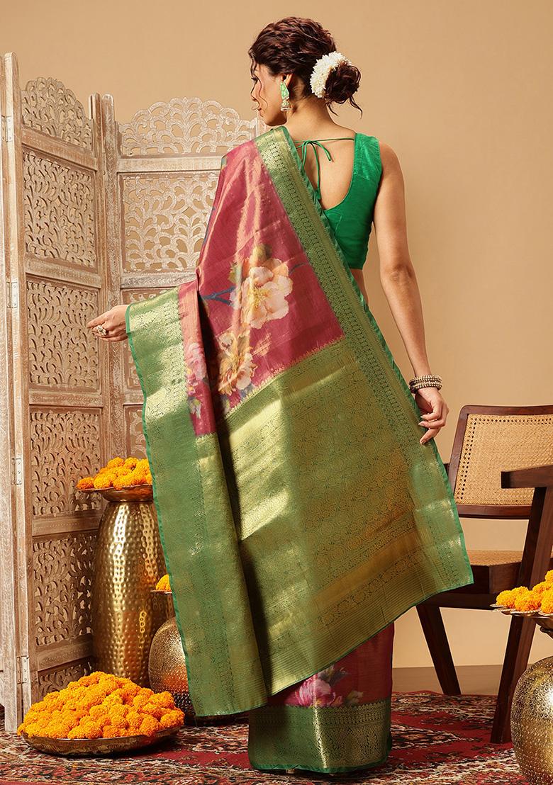 Pink Embroidered Tissue Silk Saree Set