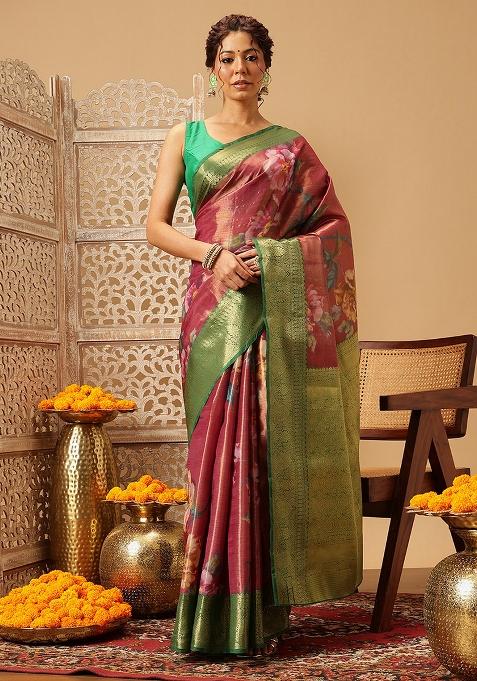 Pink Embroidered Tissue Silk Saree Set