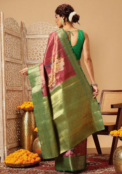 Pink Embroidered Tissue Silk Saree Set