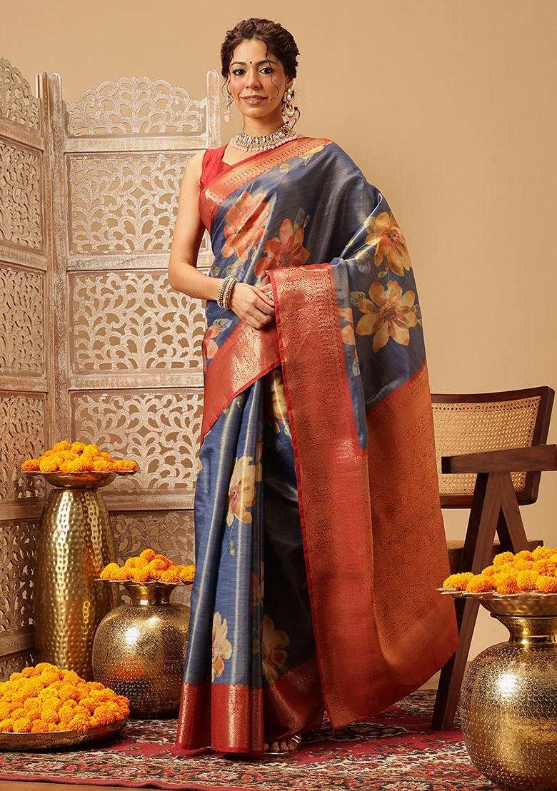 Blue Embroidered Tissue Silk Saree Set