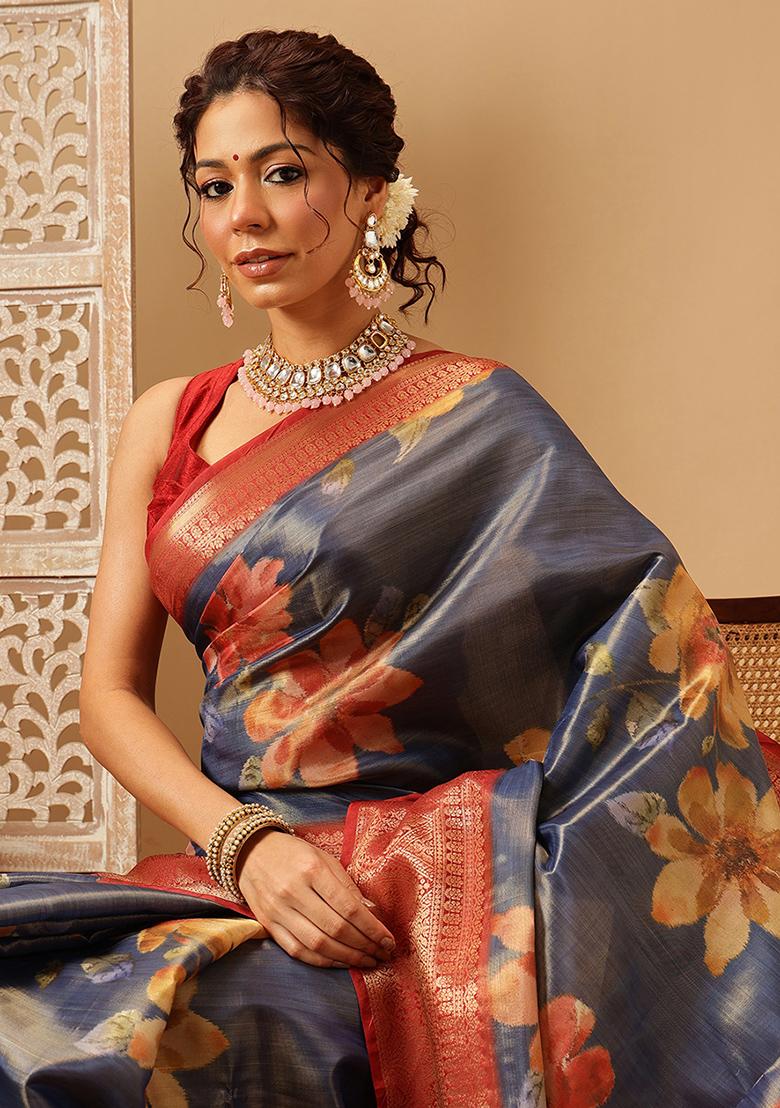 Blue Embroidered Tissue Silk Saree Set