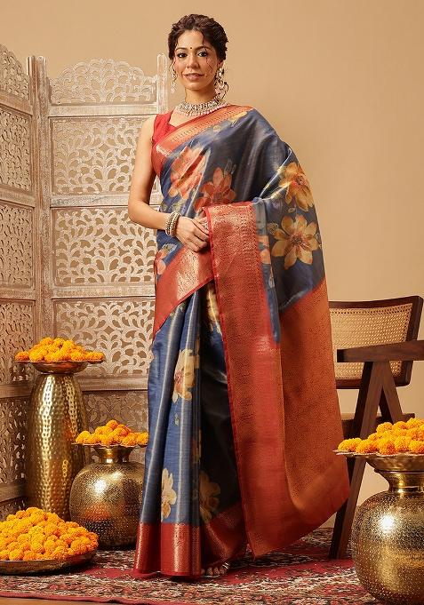 Blue Embroidered Tissue Silk Saree Set