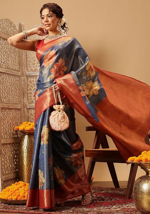 Blue Embroidered Tissue Silk Saree Set