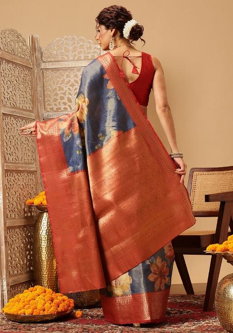Blue Embroidered Tissue Silk Saree Set