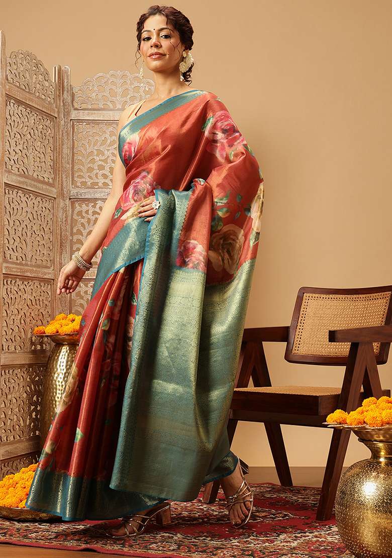 Peach Embroidered Tissue Silk Saree Set - Indya