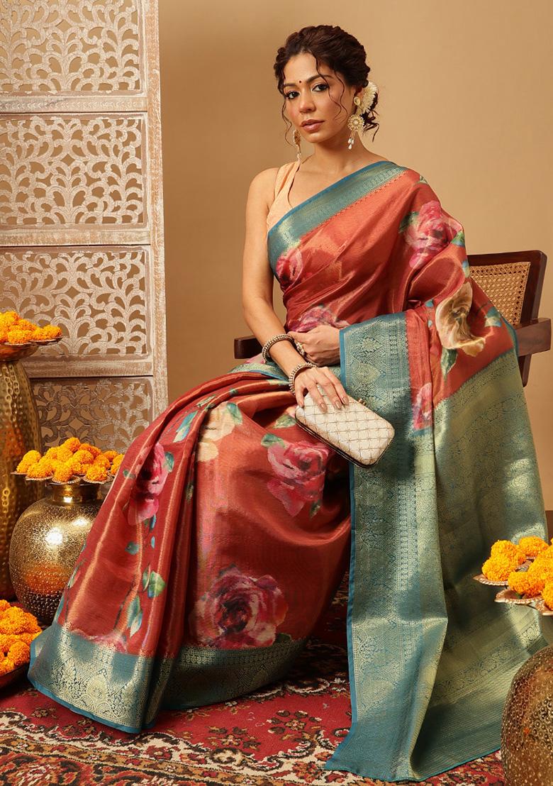 Peach Embroidered Tissue Silk Saree Set