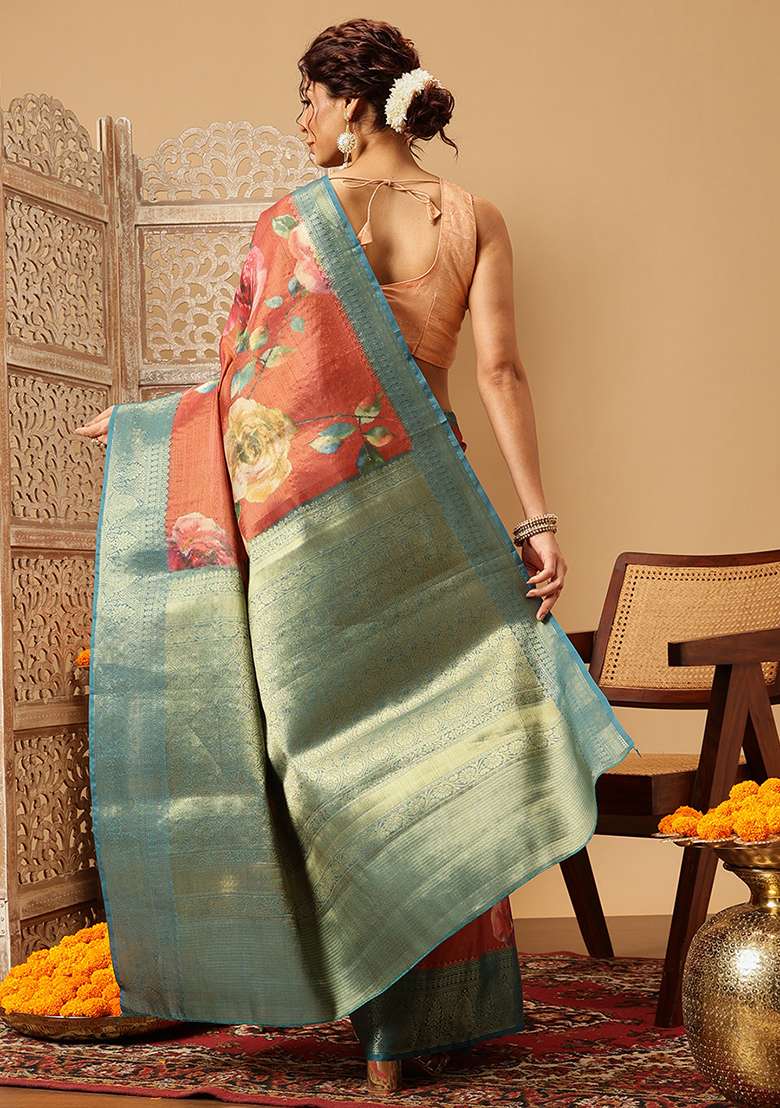 Peach Embroidered Tissue Silk Saree Set - Indya