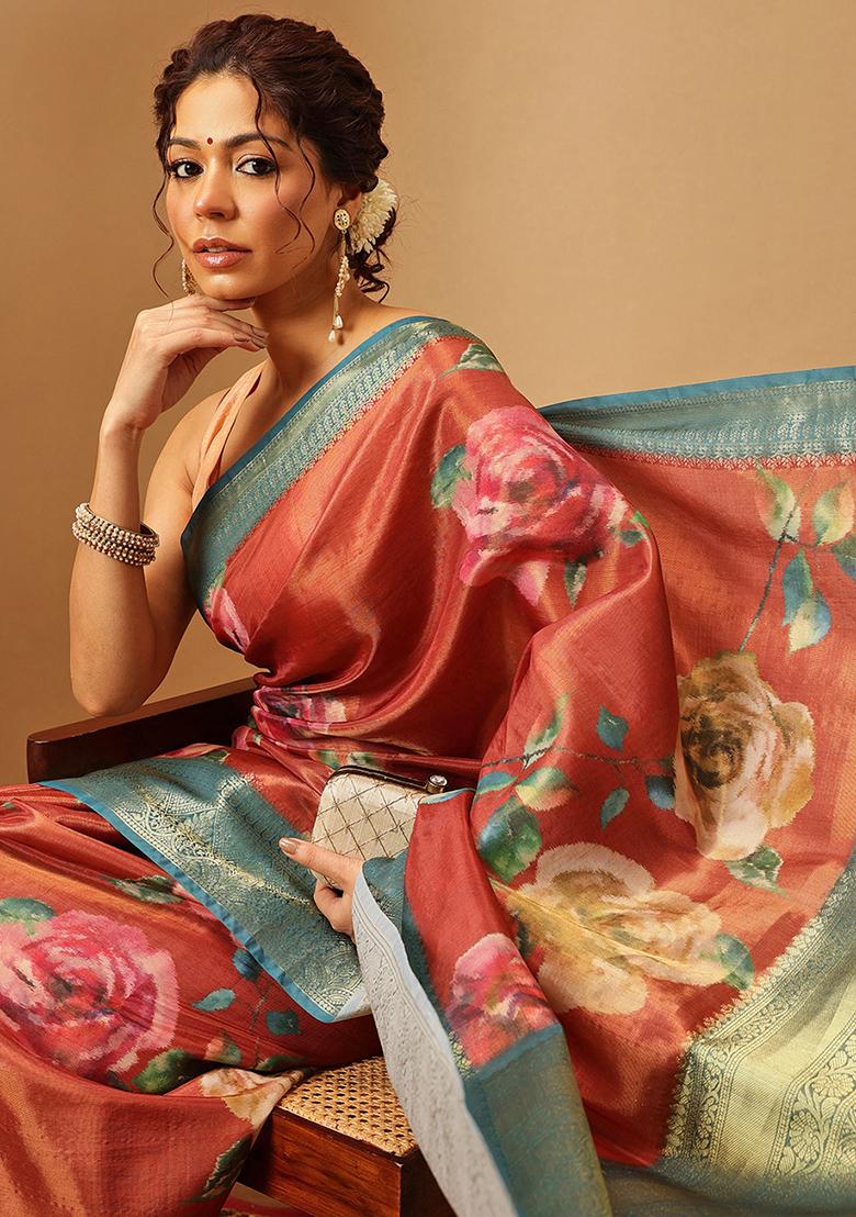 Peach Embroidered Tissue Silk Saree Set