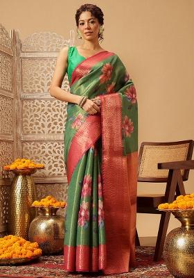 Green Embroidered Tissue Silk Saree Set