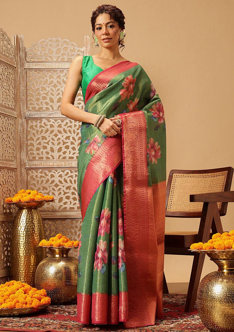 Green Embroidered Tissue Silk Saree Set