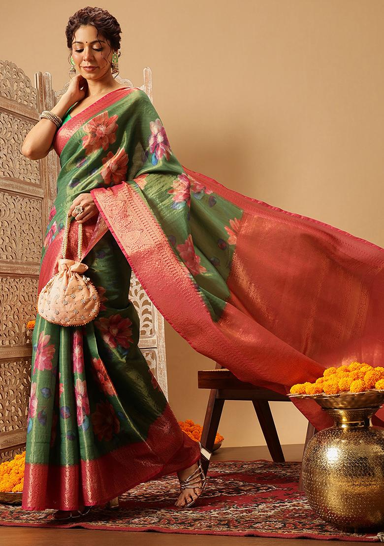 Green Embroidered Tissue Silk Saree Set