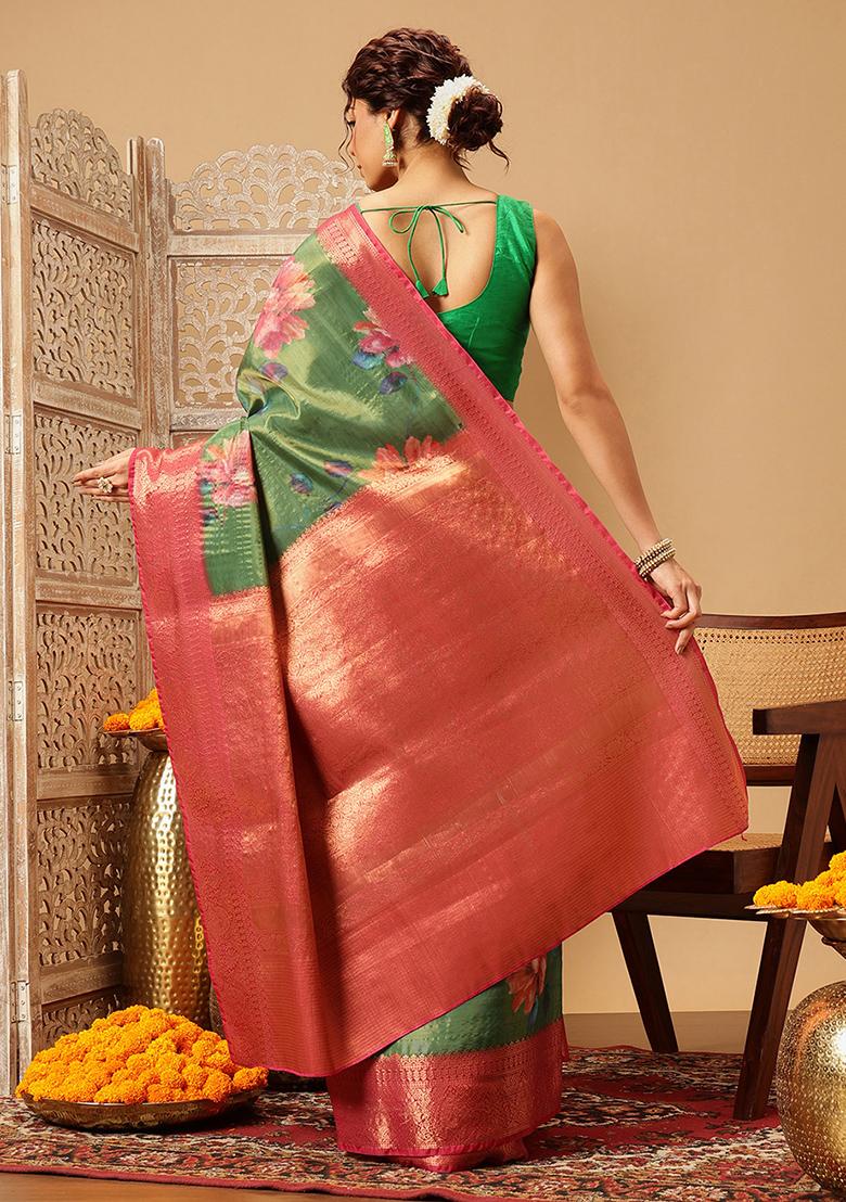Green Embroidered Tissue Silk Saree Set