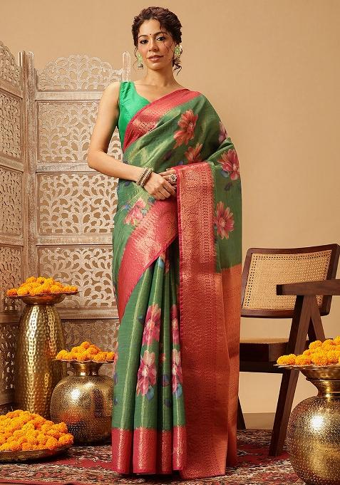 Green Embroidered Tissue Silk Saree Set