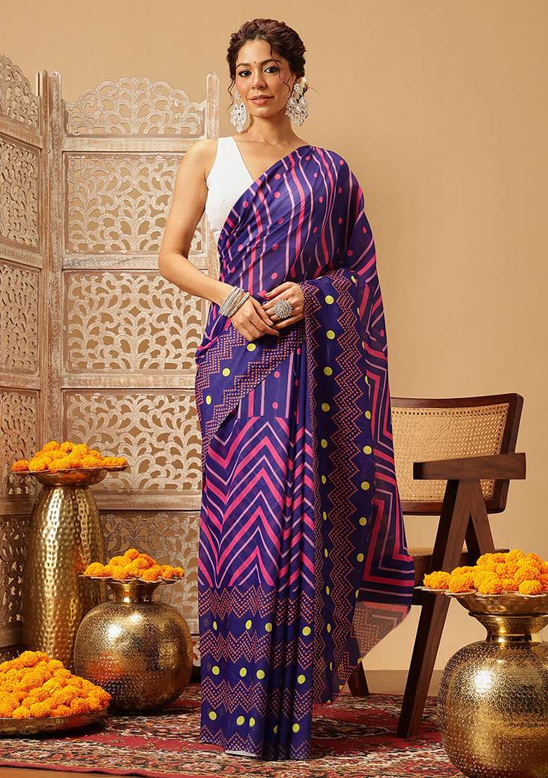 Navy Blue Embroidered Mul Cotton Saree Set - Indya