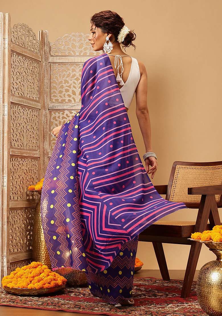 Navy Blue Embroidered Mul Cotton Saree Set - Indya