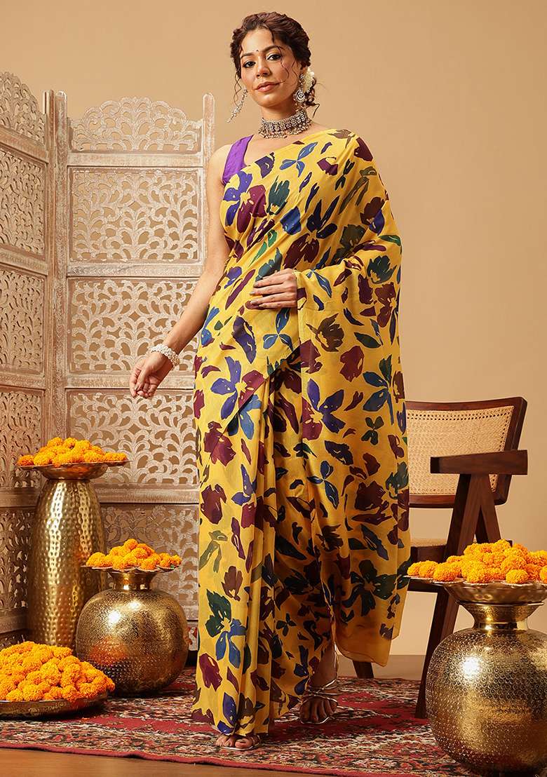 Yellow Embroidered Mul Cotton Saree Set - Indya