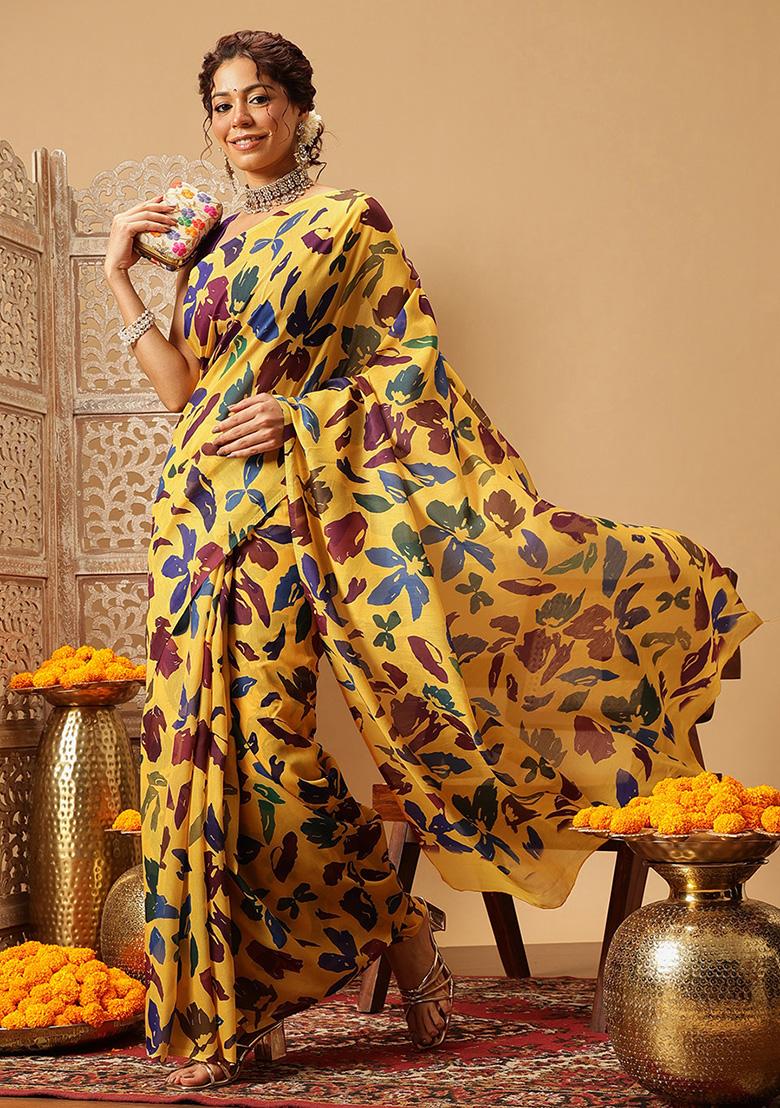 Yellow Embroidered Mul Cotton Saree Set
