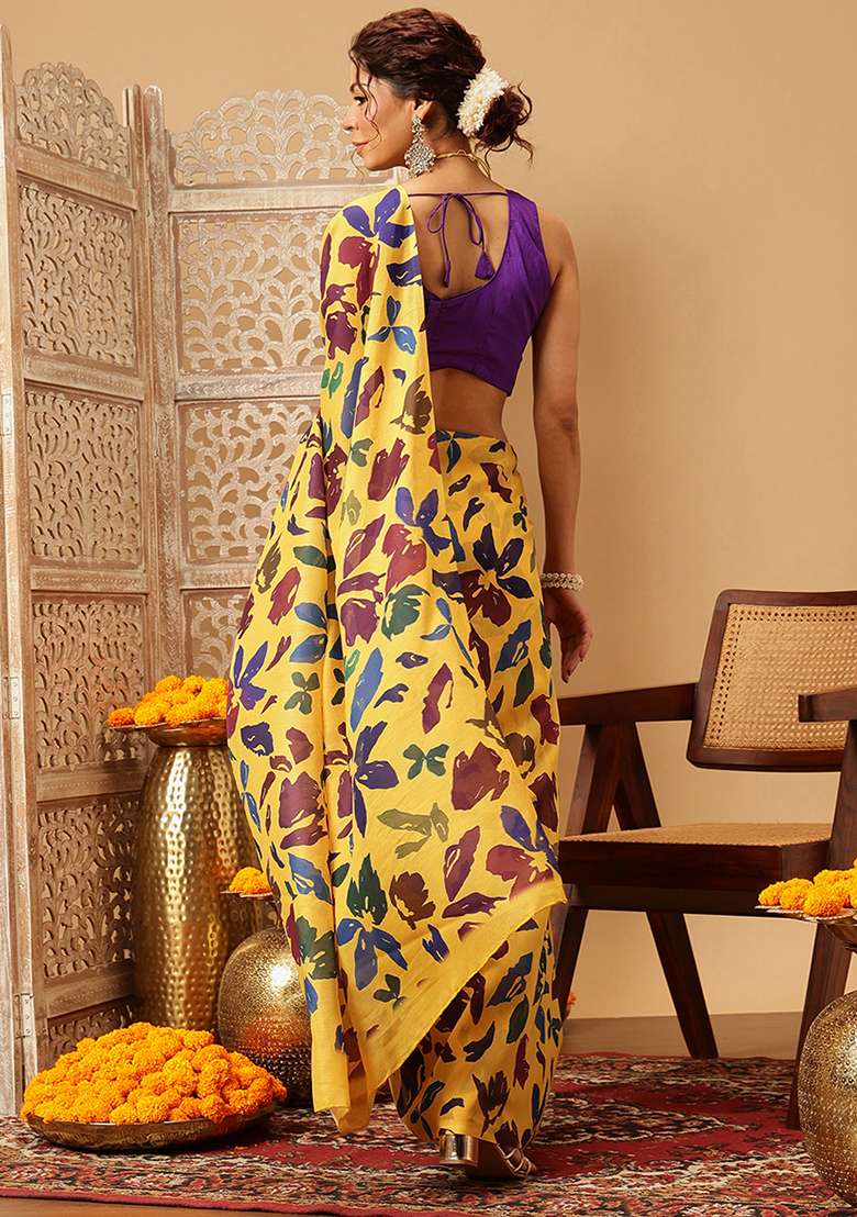 Yellow Embroidered Mul Cotton Saree Set - Indya