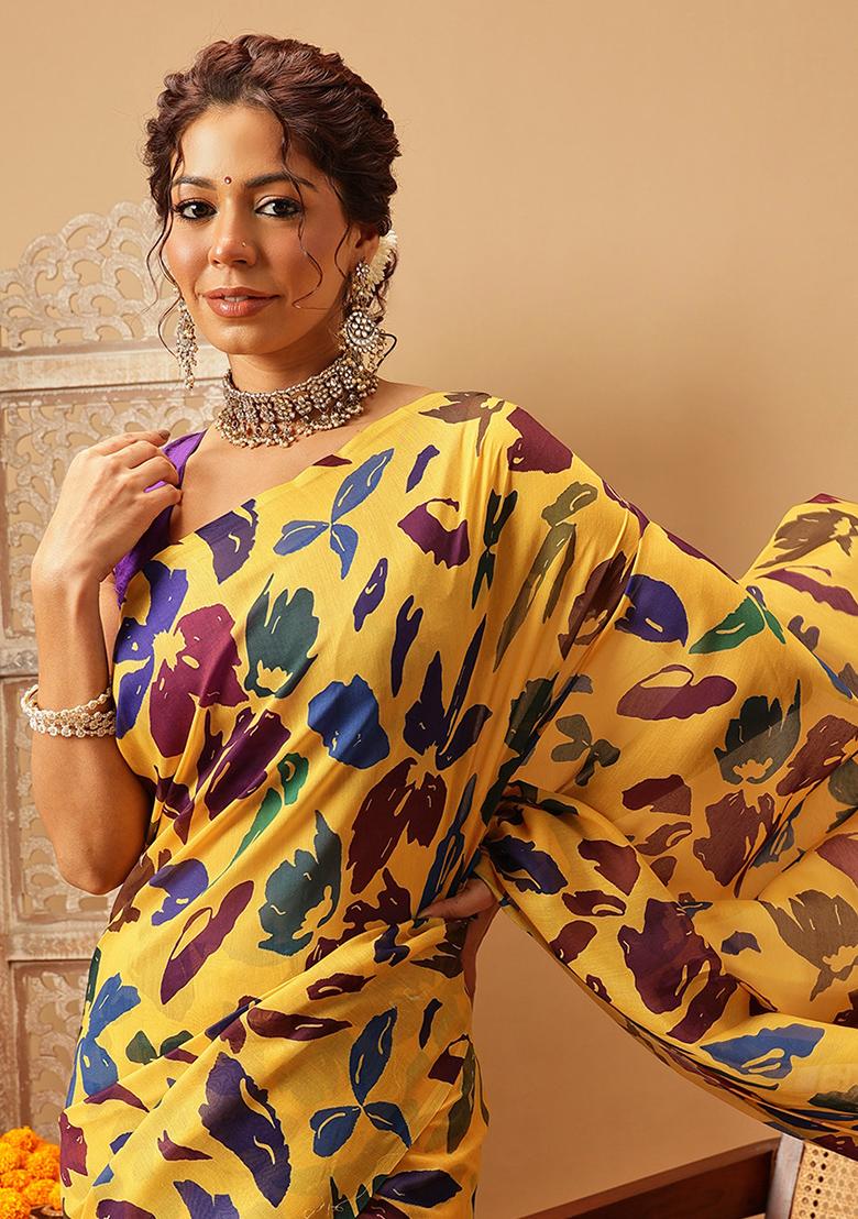 Yellow Embroidered Mul Cotton Saree Set