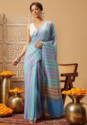 Blue Embroidered Mul Cotton Saree Set
