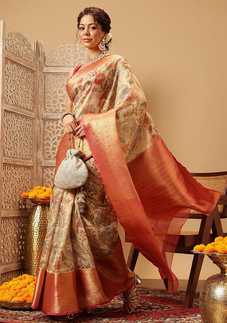 Beige Embroidered Muga Silk Saree Set