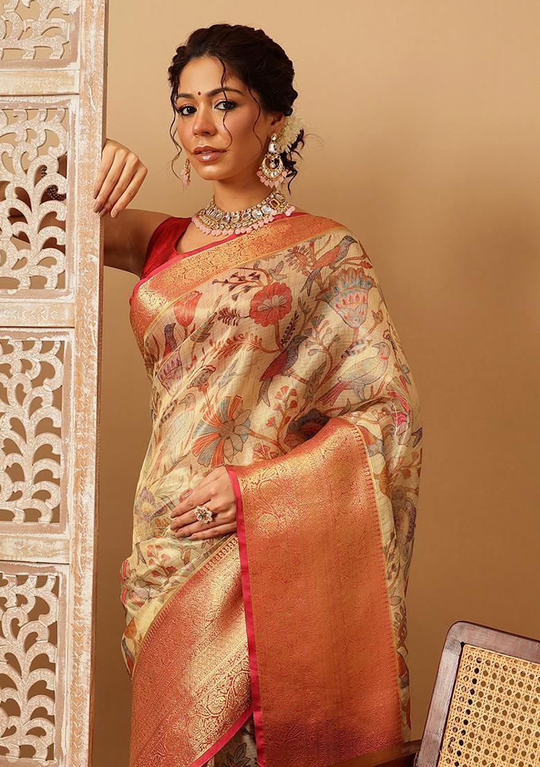 Beige Embroidered Muga Silk Saree Set