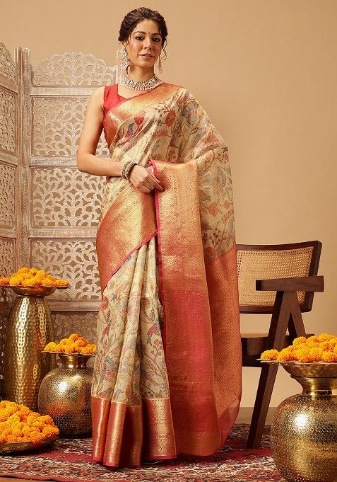 Beige Embroidered Muga Silk Saree Set