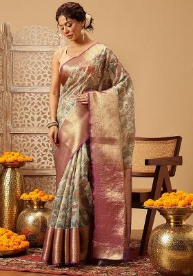 Teal Blue Embroidered Muga Silk Saree Set