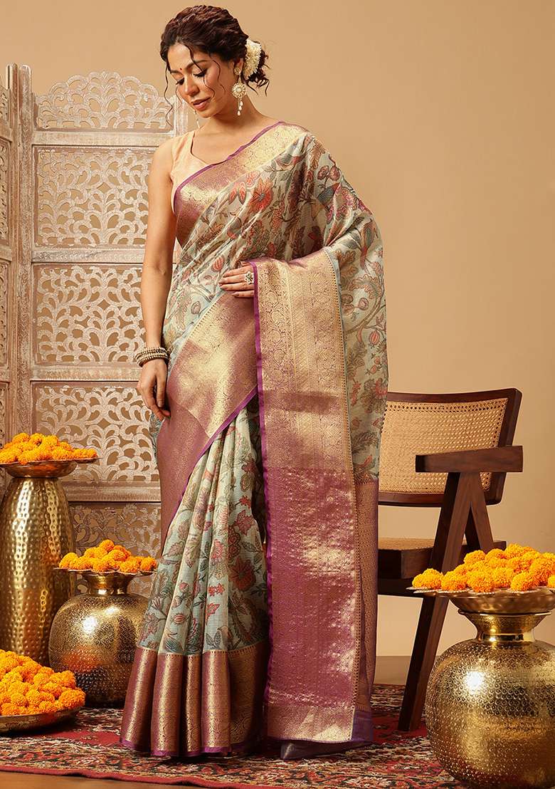 Teal Blue Embroidered Muga Silk Saree Set - Indya
