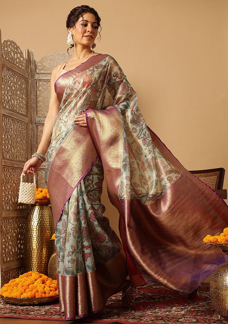 Teal Blue Embroidered Muga Silk Saree Set